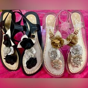 JACK ROBERTS ANKLE STRAPS FLAT SANDALS WITH THREE METALLIC FLOWERS